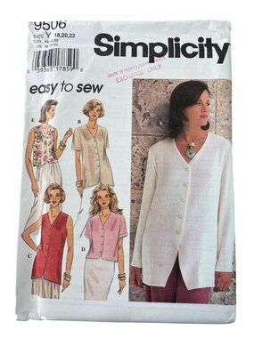 90s Simplicity 9506 Sewing Pattern Sizes 18-22 Misses Easy To Sew Blouses UNCUT